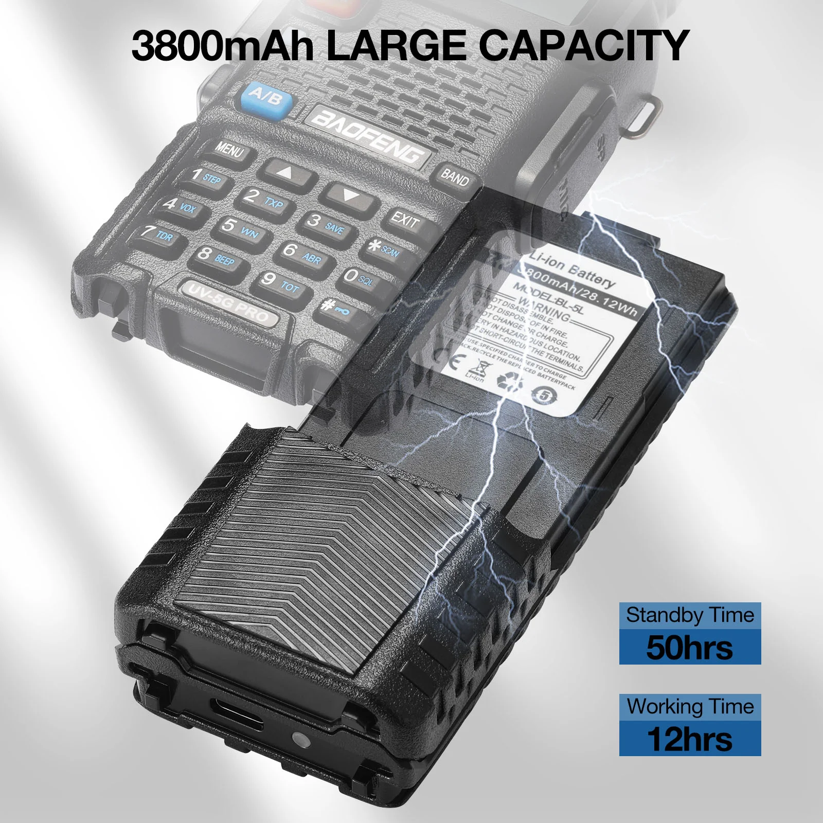 Battery 3800mAh for Baofeng UV-5R wIth USB-C Port - Image 3