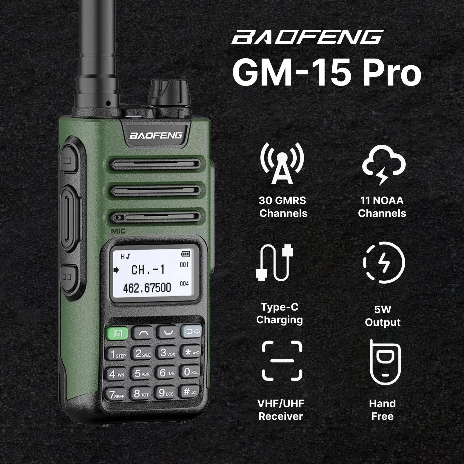 GM-15 PRO 5W GMRS Radio [Long Antenna Set] - Image 7